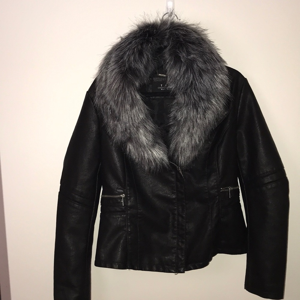 Faux fur leather jacket asymmetric zip